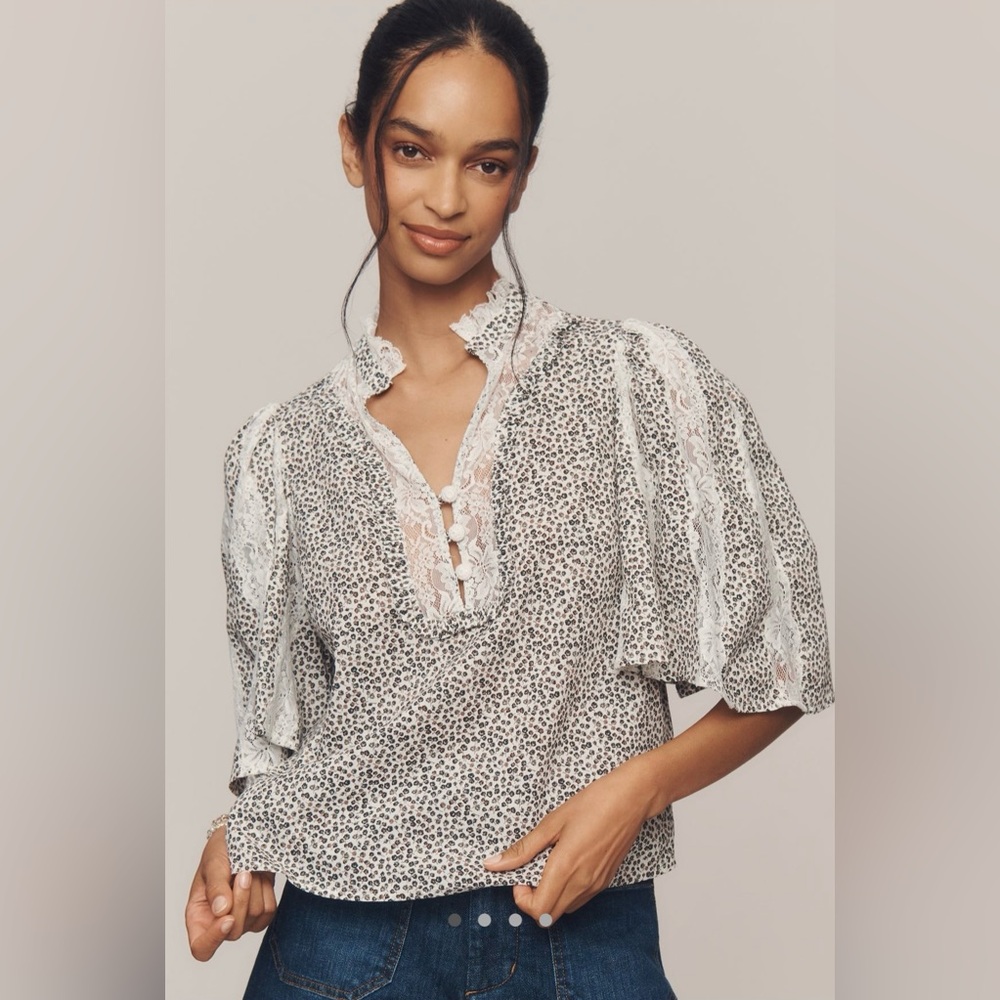 Anthropologie Cape-Sleeve Lace Trim Blouse XXS